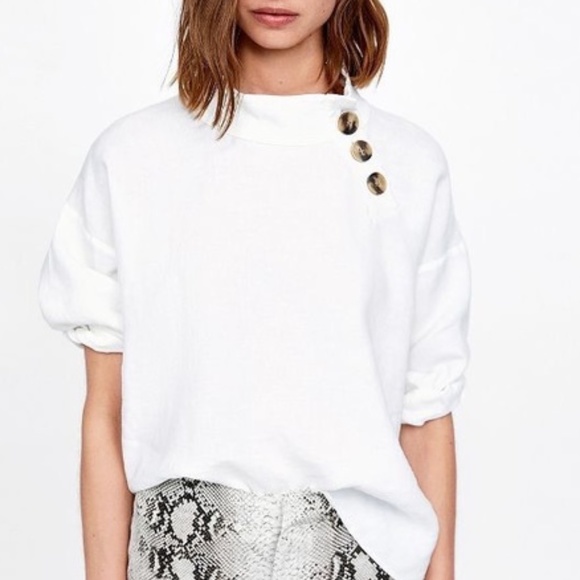 Zara Tops - Zara Woman White Linen Tortoise Button Asymmetric Mock Neck Oversize Blouse
